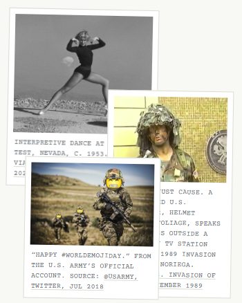 The narrow-viewport collage: three overlapping matted prints with Courier captions