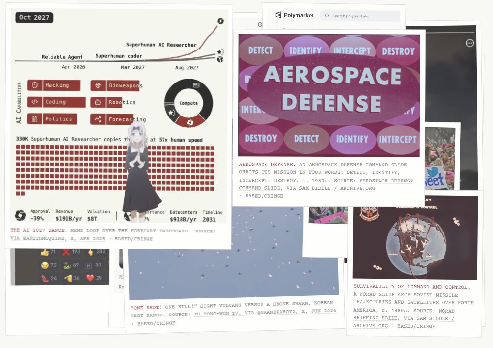 The homepage desk mid-accumulation: overlapping white-matted prints including an AI forecast dashboard, NORAD briefing slides, and a drone-swarm clip