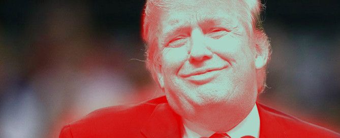 A red-tinted close-up photo of Donald Trump smiling.